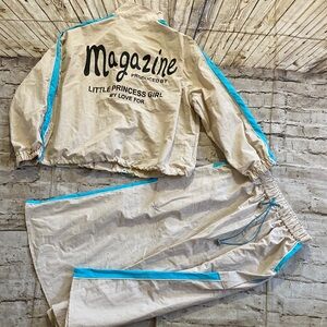 WHITE Tea vintage two piece sets Cream/blue trim Jacket & Medi skirt set size M